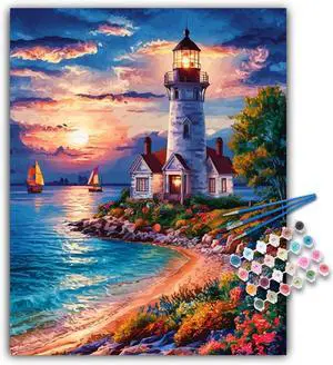 Paint by Numbers Kit for Adults Beginner, Coastal Lighthouse, 16x20 Inch | DIY Acrylic Sunset Number Painting Canvas Set, Stress Relief Craft, Relaxing Hobby, Home Wall Decor, Gift for Adults Paint by Numbers Kit for Adults Beginner, Coastal Lighthouse, 16x20 Inch | DIY Acrylic Sunset Number Painting Canvas Set, Stress Relief Craft, Relaxing Hobby, Home Wall Decor, Gift for Adults