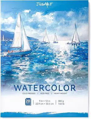 Jusart Watercolor Paper Pad 9"x12", 300gsm/140lb, Cold Press Water Color Paper, Acid-Free, for Wet & Dry Media, Watercolor, Gouache & Sketching, 20 Sheets, Perfect for Students and Artists Jusart Watercolor Paper Pad 9"x12", 300gsm/140lb, Cold Press Water Color Paper, Acid-Free, for Wet & Dry Media, Watercolor, Gouache & Sketching, 20 Sheets, Perfect for Students and Artists