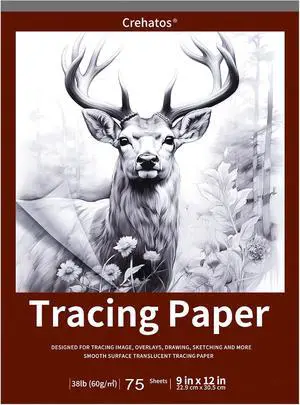 Crehatos 9" x 12" Tracing Paper, Translucent Tracing Pad, 75 Sheets | 38lb/60gsm Vellum Art Paper for Drawing, Sketching, Overlays Crehatos 9" x 12" Tracing Paper, Translucent Tracing Pad, 75 Sheets | 38lb/60gsm Vellum Art Paper for Drawing, Sketching, Overlays