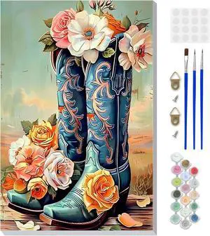 DOMROM Framed Paint by Numbers Cowboy Boots for Adults Beginners, Adult Paint by Number Kits on Canvas, Acrylic Number Painting Craft Kits for Gift Home Decor 8x12in DOMROM Framed Paint by Numbers Cowboy Boots for Adults Beginners, Adult Paint by Number Kits on Canvas, Acrylic Number Painting Craft Kits for Gift Home Decor 8x12in