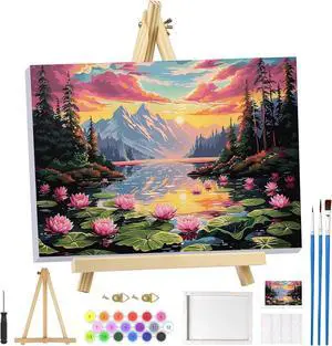 MOGTAA Landscape Paint by Numbers Kit for Adults Beginners with Frame, Flowers Lake Adult Paint by Number Kits on Canvas with Easel, Easy DIY Sunset Oil Painting Kits for Home Decor, 8x12in MOGTAA Landscape Paint by Numbers Kit for Adults Beginners with Frame, Flowers Lake Adult Paint by Number Kits on Canvas with Easel, Easy DIY Sunset Oil Painting Kits for Home Decor, 8x12in