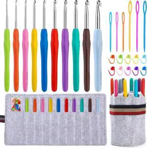 Kogyxe Crochet Hooks 10 Sizes Ergonomic Crochet Hook Set for Arthritic | With Roll Felt Bag for Beginners, Knitting Needles and Stitch Markers for Crocheters Crocheting Yarn Kogyxe Crochet Hooks 10 Sizes Ergonomic Crochet Hook Set for Arthritic | With Roll Felt Bag for Beginners, Knitting Needles and Stitch Markers for Crocheters Crocheting Yarn