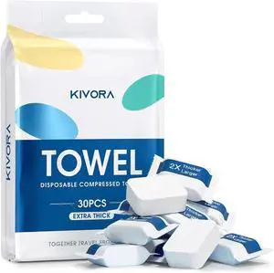 KIVORA Extra Thick Compressed Towels, Ultra Soft, 30 Pack for Travel | Disposable Compressed Towel Tablets, 110 GSM Thick Fabric, Towel-Like Feel, 12 × 10, Highly Absorbent, Gentle on Skin KIVORA Extra Thick Compressed Towels, Ultra Soft, 30 Pack for Travel | Disposable Compressed Towel Tablets, 110 GSM Thick Fabric, Towel-Like Feel, 12 × 10, Highly Absorbent, Gentle on Skin