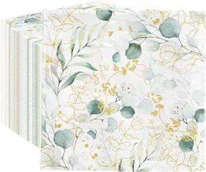 PAW - 100 Pack Floral Cocktail Napkins 5'' x 5'', Disposable Beverage Napkins with Golden Eucalyptus Motive, Floral Towels for Wedding, Birthday, Bridal Party, Decoupage, Decorative Supplies PAW - 100 Pack Floral Cocktail Napkins 5'' x 5'', Disposable Beverage Napkins with Golden Eucalyptus Motive, Floral Towels for Wedding, Birthday, Bridal Party, Decoupage, Decorative Supplies