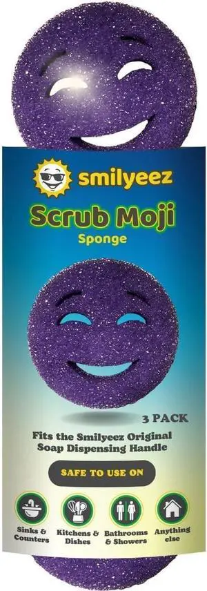 The Original Scrub Moji Scrubbing Sponge by Smilyeez (Set of 3) - Purple - Temperature-Responsive Polymer Foam, Stain and Odor Resistant, Ideal for Kitchen and Bathroom Cleaning The Original Scrub Moji Scrubbing Sponge by Smilyeez (Set of 3) - Purple - Temperature-Responsive Polymer Foam, Stain and Odor Resistant, Ideal for Kitchen and Bathroom Cleaning