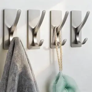 Self Adhesive Towel Hooks: Extra Strong 13LB, Stainless Hook for Hanging Loofah, Towels, Coat, Bath Robe Bathroom Shower, Brushed Nickel, 4 Pack Self Adhesive Towel Hooks: Extra Strong 13LB, Stainless Hook for Hanging Loofah, Towels, Coat, Bath Robe Bathroom Shower, Brushed Nickel, 4 Pack