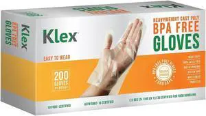 Klex 200 BPA Free Disposable Heavyweight Cast Poly CPE Gloves, Embossed PE Plastic Glove for Food Handling Food Prep Safe, Latex & Powder Free (200 Count, Large) Klex 200 BPA Free Disposable Heavyweight Cast Poly CPE Gloves, Embossed PE Plastic Glove for Food Handling Food Prep Safe, Latex & Powder Free (200 Count, Large)