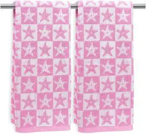 Jacquotha Checkered Starfish Pink Hand Towels Set of 2, Cotton, 13" x 29" | Soft & Quick Dry Cotton, Coastal Aesthetic Summer Decor, Women Girls Jacquotha Checkered Starfish Pink Hand Towels Set of 2, Cotton, 13" x 29" | Soft & Quick Dry Cotton, Coastal Aesthetic Summer Decor, Women Girls