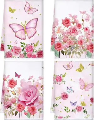 Bencailor 4 Pcs Pink Rose Kitchen Towels Butterfly Floral 16" x 24" | Absorbent Hand Dish Towels for Kitchen Bathroom, Rose Floral Design for Cooking Baking, Soft Tea Cloth, Housewarming Gift Bencailor 4 Pcs Pink Rose Kitchen Towels Butterfly Floral 16" x 24" | Absorbent Hand Dish Towels for Kitchen Bathroom, Rose Floral Design for Cooking Baking, Soft Tea Cloth, Housewarming Gift