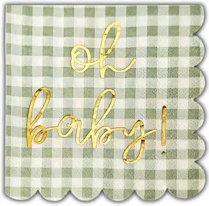 Cloverjoyed 'Oh Baby' Baby Shower Decorations, 50 Pack, Gold Oh Baby Napkins in Plaid Sage Green Pattern, Scalloped Edges, Sage Green Baby Shower Napkins, Neutral Gender Reveal Decorations Cloverjoyed 'Oh Baby' Baby Shower Decorations, 50 Pack, Gold Oh Baby Napkins in Plaid Sage Green Pattern, Scalloped Edges, Sage Green Baby Shower Napkins, Neutral Gender Reveal Decorations
