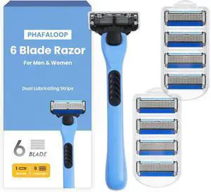 6-Blade Men's Razor, Shaving Kit with 9 Refills, Blue 6-Blade Men's Razor, Shaving Kit with 9 Refills, Blue