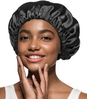 Alnorm Satin Sleep Cap Double-Sided Adjustable Hair Bonnet for Girls Black Alnorm Satin Sleep Cap Double-Sided Adjustable Hair Bonnet for Girls Black