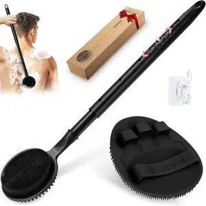 Silicone Back Scrubber & Soft Bath Glove 2PCS, 16''- 24'' Extendable Shower Scrubber with Dual-Side Head, 360° Anti-Slip & Hand-fit Silicone Body Scrubber for Rich Foaming Deep Cleaning(Black) Silicone Back Scrubber & Soft Bath Glove 2PCS, 16''- 24'' Extendable Shower Scrubber with Dual-Side Head, 360° Anti-Slip & Hand-fit Silicone Body Scrubber for Rich Foaming Deep Cleaning(Black)