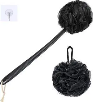 VANZAVANZU Loofah Sponge Set Loofah Exfoliating Body Scrubber, Anti-Slip Plastic 17" Handle Loofah on a Stick with Fluffy Shower Sponge, PE Soft Mesh Shower Loofahs-Black VANZAVANZU Loofah Sponge Set Loofah Exfoliating Body Scrubber, Anti-Slip Plastic 17" Handle Loofah on a Stick with Fluffy Shower Sponge, PE Soft Mesh Shower Loofahs-Black