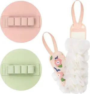 3-Pack Bath Scrubber Kit: 2 Silicone Exfoliating Pats & Double-Sided Long Handle Back Scrubber Bath Puff for Deep Cleansing. (Pink & Green & Pink) 3-Pack Bath Scrubber Kit: 2 Silicone Exfoliating Pats & Double-Sided Long Handle Back Scrubber Bath Puff for Deep Cleansing. (Pink & Green & Pink)