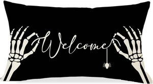 Black Halloween Pillow Cover 12x20 Skeleton Hand Spider Welcome Black Halloween Pillow Cover 12x20 Skeleton Hand Spider Welcome