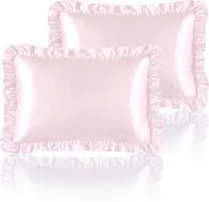 Blush Pink Satin Ruffled Pillow Cases for Hair and Skin,Blush Pink Silk Pillowcases Standard Set of 2 with Envelope Closure Princess Room Decoration Blush Pink Satin Ruffled Pillow Cases for Hair and Skin,Blush Pink Silk Pillowcases Standard Set of 2 with Envelope Closure Princess Room Decoration