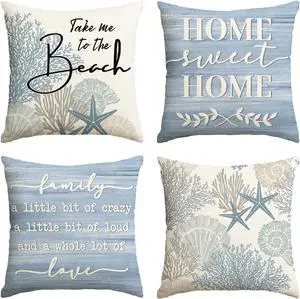 Summer Take Me to The Beach Coral Starfish Throw Pillow Covers, 18 x 18 Inch Home Sweet Home Motto Blue Cushion Case for Sofa Couch Set of 4 Summer Take Me to The Beach Coral Starfish Throw Pillow Covers, 18 x 18 Inch Home Sweet Home Motto Blue Cushion Case for Sofa Couch Set of 4