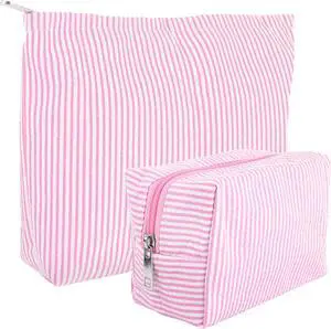 2 Pcs Seersucker Makeup Bag Set for Women,Pink Striped Cosmetic Pouch with Zipper,Travel Toiletry Bag and Small Makeup Pouch, Aesthetic Skincare Organizer for Cosmetics,Brushes,Accessories(Rose Pink) 2 Pcs Seersucker Makeup Bag Set for Women,Pink Striped Cosmetic Pouch with Zipper,Travel Toiletry Bag and Small Makeup Pouch, Aesthetic Skincare Organizer for Cosmetics,Brushes,Accessories(Rose Pink)
