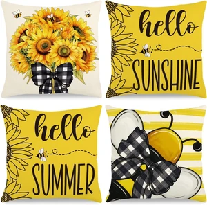 Summer Pillow Covers 18x18 Inch Sunflower Bee Throw Pillowcase Set of 4 Summer Pillow Covers 18x18 Inch Sunflower Bee Throw Pillowcase Set of 4
