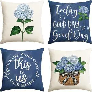 Blue Hydrangea Spring Summer Throw Pillow Covers, 18 x 18 Inch Today is A Good Day Dark Blue Cushion Case Decoration for Sofa Couch Set of 4 Blue Hydrangea Spring Summer Throw Pillow Covers, 18 x 18 Inch Today is A Good Day Dark Blue Cushion Case Decoration for Sofa Couch Set of 4