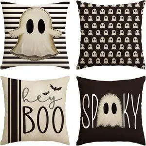 Halloween Hey Boo Cute Ghost Spooky Throw Pillow Covers, 18 x 18 Inch Horror Scary Cushion Case for Sofa Couch Set of 4, Black Halloween Hey Boo Cute Ghost Spooky Throw Pillow Covers, 18 x 18 Inch Horror Scary Cushion Case for Sofa Couch Set of 4, Black