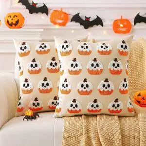 Halloween Ghost Pumpkin Pillow Covers 18x18 Set of 2, 3D Cute Embroidered Beige Velvet Throw Pillowcases, Soft Plush Halloween Decor for Couch Sofa Bedroom Living Room Halloween Ghost Pumpkin Pillow Covers 18x18 Set of 2, 3D Cute Embroidered Beige Velvet Throw Pillowcases, Soft Plush Halloween Decor for Couch Sofa Bedroom Living Room