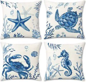 Coastal Throw Pillow Covers 18x18 Inch Sea Turtle Crab Seahorse Starfish Navy Blue Ocean Beach Summer Outdoor Decorative Cushion Covers for Couch Sofa Bed Decor Set of 4 Coastal Throw Pillow Covers 18x18 Inch Sea Turtle Crab Seahorse Starfish Navy Blue Ocean Beach Summer Outdoor Decorative Cushion Covers for Couch Sofa Bed Decor Set of 4