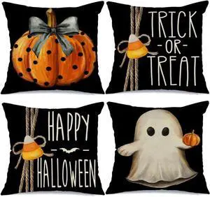 Halloween Pillow Covers 18x18 inch Set of 4 Trick or Treat Pumpkin Ghost Throw Pillow Covers for Fall Halloween Decorations Halloween Party Pillows Decorative Pillow Covers for Couch Sofa Halloween Pillow Covers 18x18 inch Set of 4 Trick or Treat Pumpkin Ghost Throw Pillow Covers for Fall Halloween Decorations Halloween Party Pillows Decorative Pillow Covers for Couch Sofa