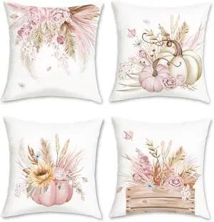 Pink Pumpkin Fall Throw Pillow Covers 18 x 18 Inch Autumn Floral Pink Pumpkin Fall Throw Pillow Covers 18 x 18 Inch Autumn Floral