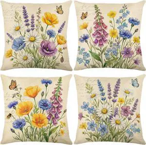 Throw Pillow Covers 18x18 Set of 4 Spring Pillow Covers Linen Flower Farmhouse Cushion Case for Sofa Couch Living Room Outdoor Home Decor Throw Pillow Covers 18x18 Set of 4 Spring Pillow Covers Linen Flower Farmhouse Cushion Case for Sofa Couch Living Room Outdoor Home Decor