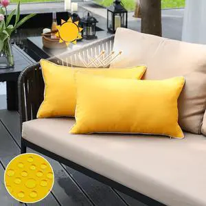 Mustard Yellow Waterproof Sun Fade Resistant Lumbar Pillow Covers 12x20 Set of 2, Bright Yellow Summer Outdoor Decorative Pillows 20 x 12 for Patio Furniture (with White Piping) Mustard Yellow Waterproof Sun Fade Resistant Lumbar Pillow Covers 12x20 Set of 2, Bright Yellow Summer Outdoor Decorative Pillows 20 x 12 for Patio Furniture (with White Piping)