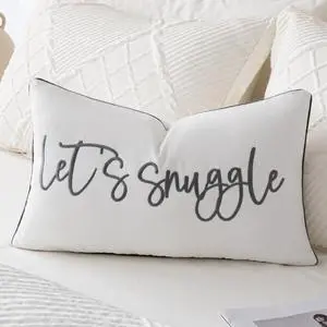 Let's Snuggle Decorative Lumbar Pillow Cover - 12x20 Inch White and Grey Cotton Embroidery Throw Pillowcase for Bed, Bedroom, Living Room, Home Decor Let's Snuggle Decorative Lumbar Pillow Cover - 12x20 Inch White and Grey Cotton Embroidery Throw Pillowcase for Bed, Bedroom, Living Room, Home Decor