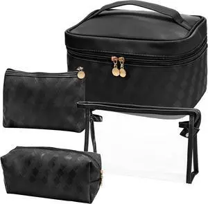 Set of 4 Makeup Bags, Black Leather Portable Travel Cosmetic Bag, Waterproof Cosmetic Bag Set, Multifunction Organizer Storage Bag for Makeup, Toiletries, Brushes and Accessories Set of 4 Makeup Bags, Black Leather Portable Travel Cosmetic Bag, Waterproof Cosmetic Bag Set, Multifunction Organizer Storage Bag for Makeup, Toiletries, Brushes and Accessories