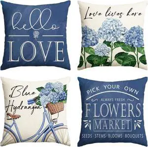 Hello Love Blue Hydrangea Bicycle Throw Pillow Covers, 18 x 18 Inch Flowers Summer Spring Mother's Day Cushion Case for Sofa Couch Set of 4 Hello Love Blue Hydrangea Bicycle Throw Pillow Covers, 18 x 18 Inch Flowers Summer Spring Mother's Day Cushion Case for Sofa Couch Set of 4