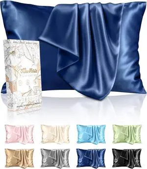 Silk Pillowcase 2 Pack - Pillow Cases Standard Set of 2 Size 20" x 26" for Hair and Skin Smooth Soft Breathable with Hidden Zipper Cooling Pillow Covers for Women, Navy Blue Silk Pillowcase 2 Pack - Pillow Cases Standard Set of 2 Size 20" x 26" for Hair and Skin Smooth Soft Breathable with Hidden Zipper Cooling Pillow Covers for Women, Navy Blue