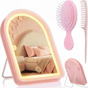 3 Pcs Pink Desk Vanity Mirror Set LED Makeup Mirror with Lights 2 Hairbrushes Lighted Rechargeable Desk Mirrors Smart Touch Control Dimmable 3 Modes Light for Women Gift Travel Bedroom Bathroom 3 Pcs Pink Desk Vanity Mirror Set LED Makeup Mirror with Lights 2 Hairbrushes Lighted Rechargeable Desk Mirrors Smart Touch Control Dimmable 3 Modes Light for Women Gift Travel Bedroom Bathroom