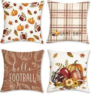 Fall Throw Pillow Covers, Football Pumpkins Game Day Maple Leaves Autumn Velvety Decorative Pillowcases for Sofa Bed Home Patio Set of 4, 18 x 18 Inches Fall Throw Pillow Covers, Football Pumpkins Game Day Maple Leaves Autumn Velvety Decorative Pillowcases for Sofa Bed Home Patio Set of 4, 18 x 18 Inches