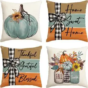Fall Pumpkin Home Sweet Home Throw Pillow Covers, 18 x 18 Inch Autumn Thankful Grateful Blessed Harvest Floral Decorations for Sofa Couch Set of 4 Fall Pumpkin Home Sweet Home Throw Pillow Covers, 18 x 18 Inch Autumn Thankful Grateful Blessed Harvest Floral Decorations for Sofa Couch Set of 4