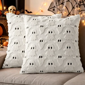 Cute Ghost Halloween Throw Pillow Covers 18x18 Set of 2, White Cute Ghost Halloween Throw Pillow Covers 18x18 Set of 2, White
