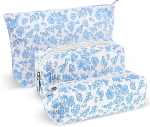 3 Pcs Makeup Bag Corduroy Cosmetic Pouch Travel, Blue, Floral 3 Pcs Makeup Bag Corduroy Cosmetic Pouch Travel, Blue, Floral