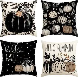 Fall Hello Pumpkin Leaves Throw Pillow Covers, 18 x 18 Inch Autumn Thanksgiving Harvest Polka Dot Black Decorations for Sofa Couch Set of 4 Fall Hello Pumpkin Leaves Throw Pillow Covers, 18 x 18 Inch Autumn Thanksgiving Harvest Polka Dot Black Decorations for Sofa Couch Set of 4