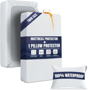 100% Waterproof Mattress Protector Set with +1 Pillow Case, Twin Size 100% Waterproof Mattress Protector Set with +1 Pillow Case, Twin Size