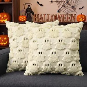 Halloween Ghost Beige Throw Pillow Cover Set of 2, 18 x 18 Inch Soft Plush Faux Fur Jacquard Spooky Cushion Case Decoration for Sofa Couch Halloween Ghost Beige Throw Pillow Cover Set of 2, 18 x 18 Inch Soft Plush Faux Fur Jacquard Spooky Cushion Case Decoration for Sofa Couch