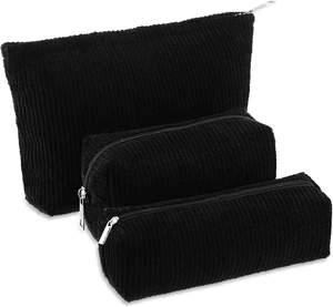 3 Pcs Corduroy Makeup Bag Set for Women, Black, Solid Style 3 Pcs Corduroy Makeup Bag Set for Women, Black, Solid Style