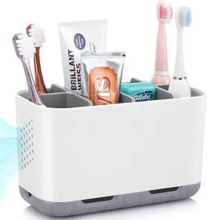 Toothbrush and Toothpaste Holder Drainage for Bathroom Countertop with Adjustable Dividers, Large Toothpaste Caddy Organizer Storage Rustic Decor Set Anti-Slip for Shower,Family,Kids Gray Toothbrush and Toothpaste Holder Drainage for Bathroom Countertop with Adjustable Dividers, Large Toothpaste Caddy Organizer Storage Rustic Decor Set Anti-Slip for Shower,Family,Kids Gray