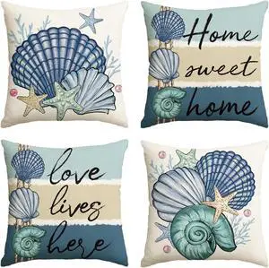 Summer Ocean Sea Shell Home Sweet Home Throw Pillow Covers, 18 x 18 Inch Love Lives Here Conch Starfish Coral Holiday Seasonal Cushion Case Decorations Set of 4 Summer Ocean Sea Shell Home Sweet Home Throw Pillow Covers, 18 x 18 Inch Love Lives Here Conch Starfish Coral Holiday Seasonal Cushion Case Decorations Set of 4