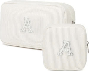 2 Pieces Personalized Initial Makeup Bag for Women Corduroy Cosmetic Bags Set Travel Toiletry Bag Organizer Purse Pouch for Teen Girls - Beige A 2 Pieces Personalized Initial Makeup Bag for Women Corduroy Cosmetic Bags Set Travel Toiletry Bag Organizer Purse Pouch for Teen Girls - Beige A