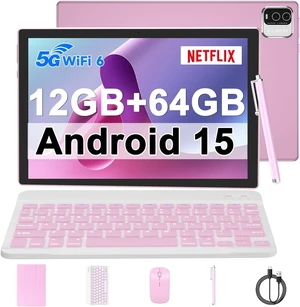 10-Inch Android 15 Tablet, 12GB RAM + 64GB ROM / 1TB Expansion 1.8GHz Quad-Core, 1280×800 HD Touchscreen, 8MP Camera, 6000mAh Battery, 2-in-1 with Keyboard Case Mouse Stylus, Pink 10-Inch Android 15 Tablet, 12GB RAM + 64GB ROM / 1TB Expansion 1.8GHz Quad-Core, 1280×800 HD Touchscreen, 8MP Camera, 6000mAh Battery, 2-in-1 with Keyboard Case Mouse Stylus, Pink