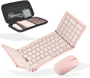 Wireless Foldable Keyboard & Mouse Set 106 Full-Sized Keys, BT + 2.4GHz, Carrying Case & Phone Stand, Portable Travel Combo for Laptop & Desktop, Pink Wireless Foldable Keyboard & Mouse Set 106 Full-Sized Keys, BT + 2.4GHz, Carrying Case & Phone Stand, Portable Travel Combo for Laptop & Desktop, Pink